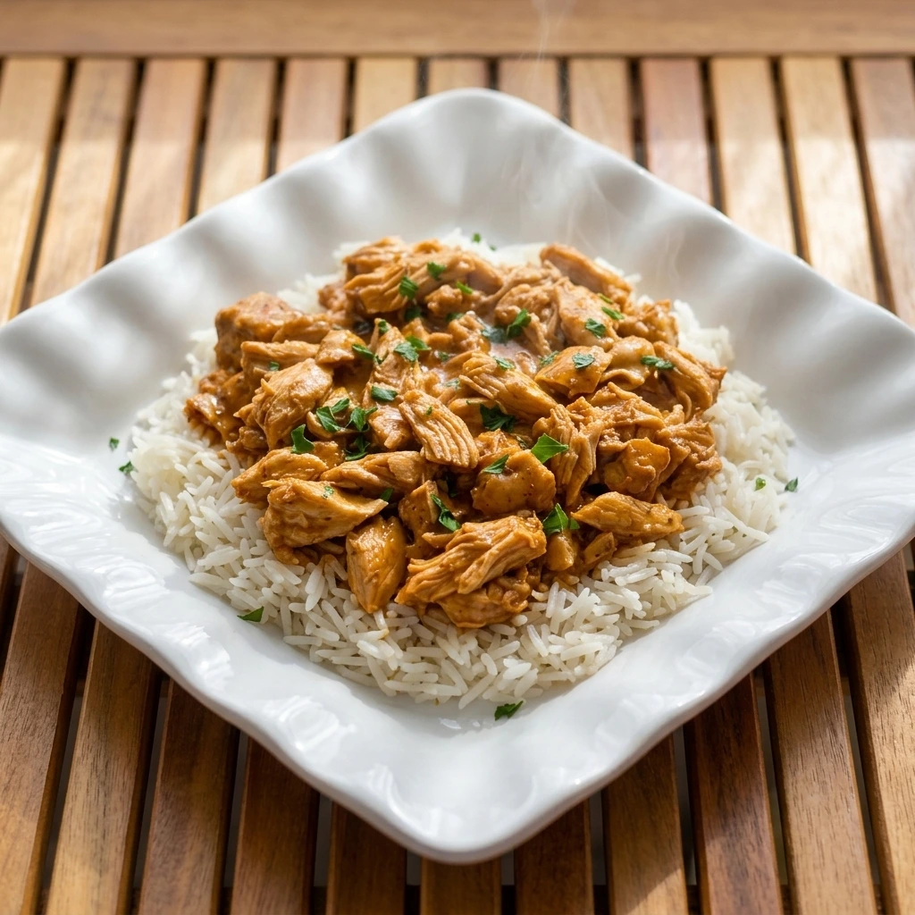 Crockpot Cajun Butter Chicken cooked in a slow cooker with rich red sauce
