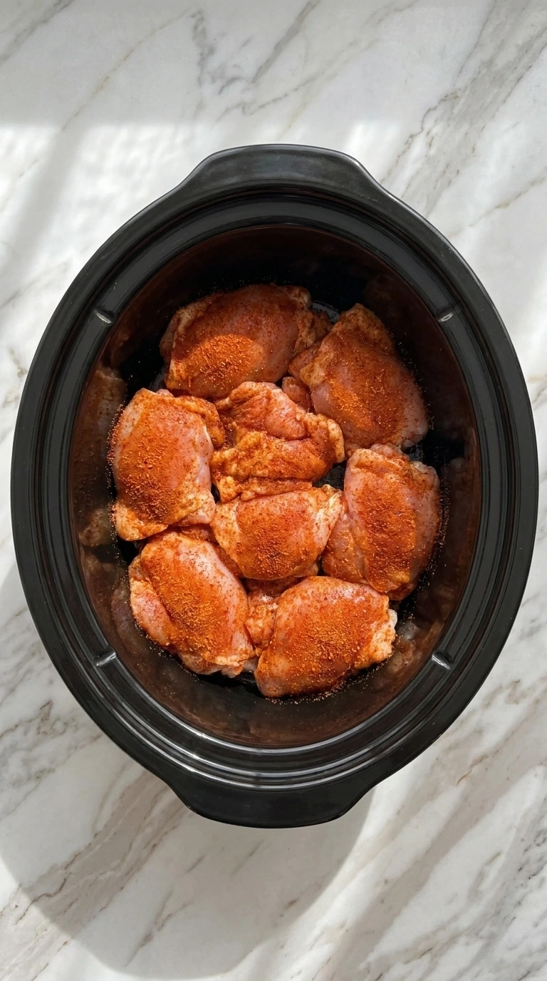 Seasoning raw chicken thighs for Crockpot Cajun Butter Chicken in slow cooker