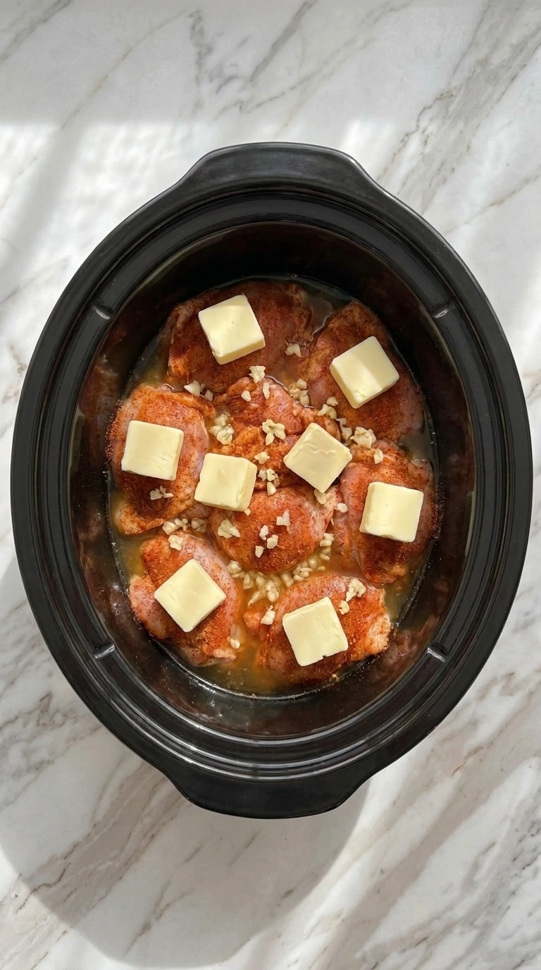 Adding butter and garlic to Crockpot Cajun Butter Chicken in crockpot