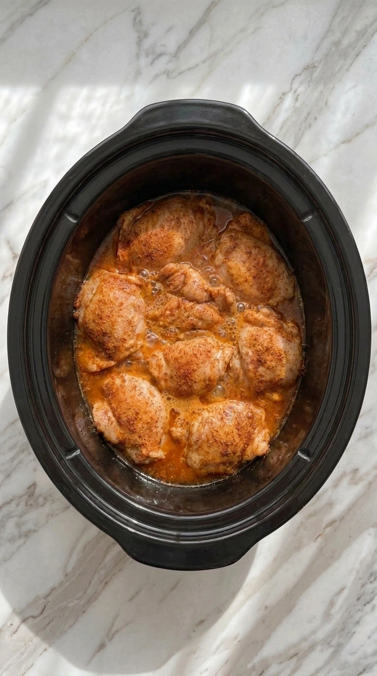 Cooked Crockpot Cajun Butter Chicken simmering in slow cooker sauce