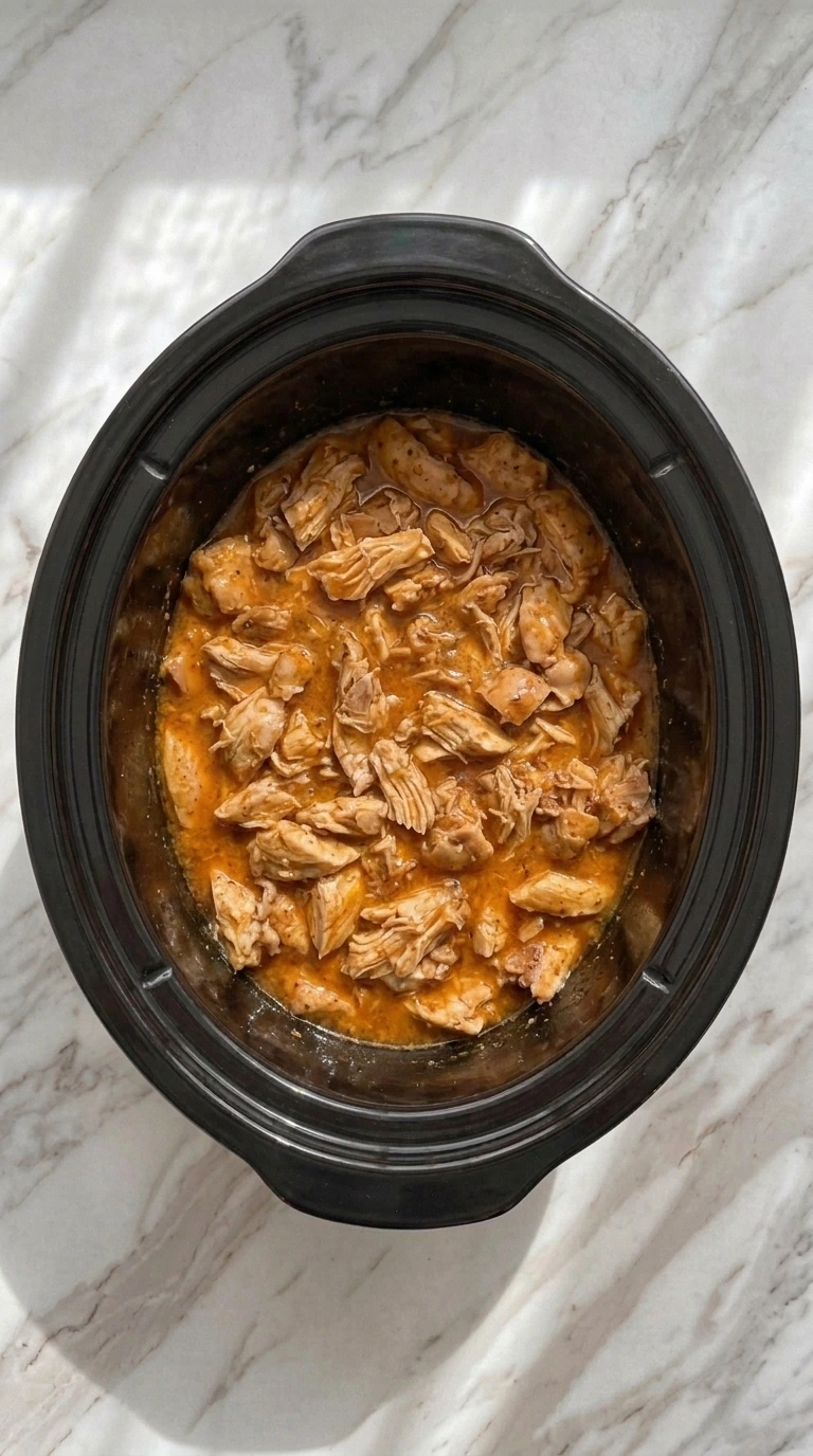 Shredding Crockpot Cajun Butter Chicken in sauce with fresh lemon juice