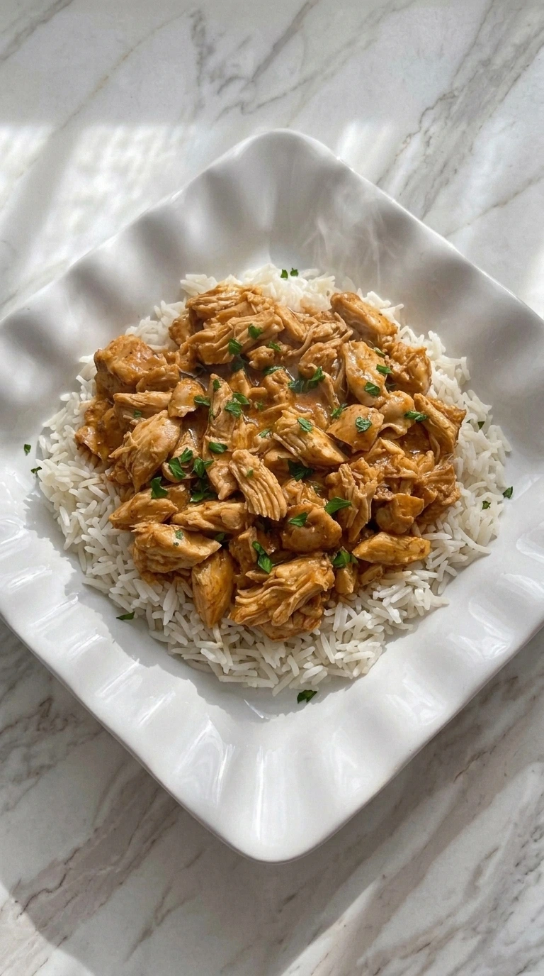 Plated Crockpot Cajun Butter Chicken served over white rice with fresh parsley