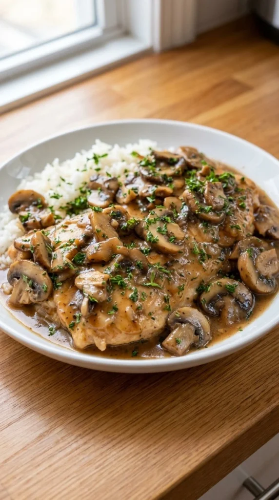 Crockpot Chicken Marsala with chicken and mushroom sauce