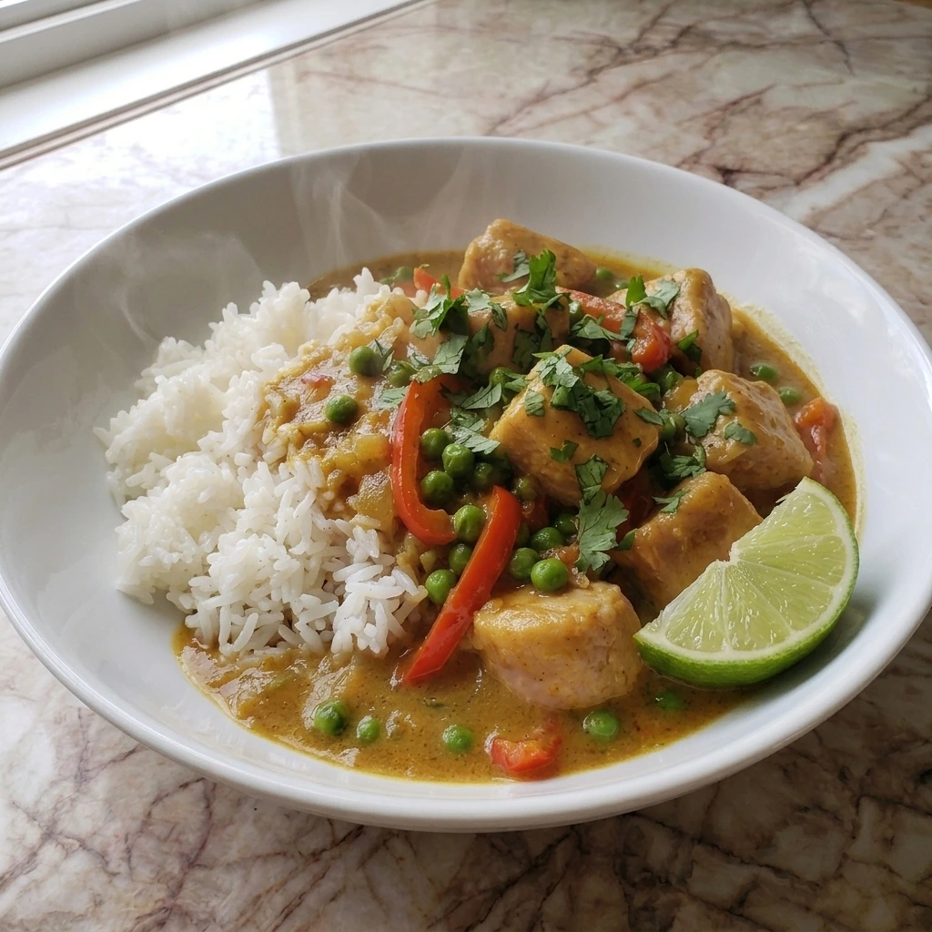 Crockpot Coconut Chicken Curry served over jasmine rice in a bowl