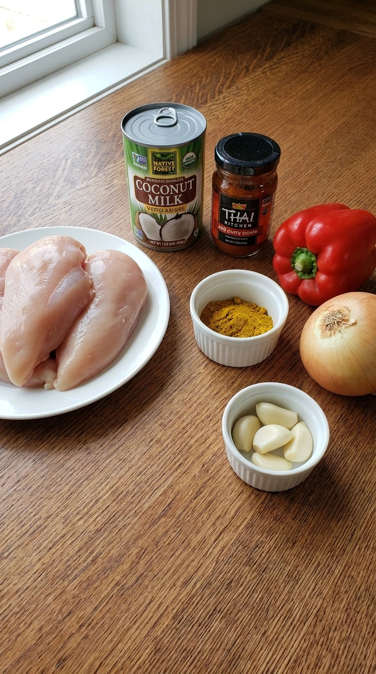 Raw ingredients for Crockpot Coconut Chicken Curry laid out before cooking