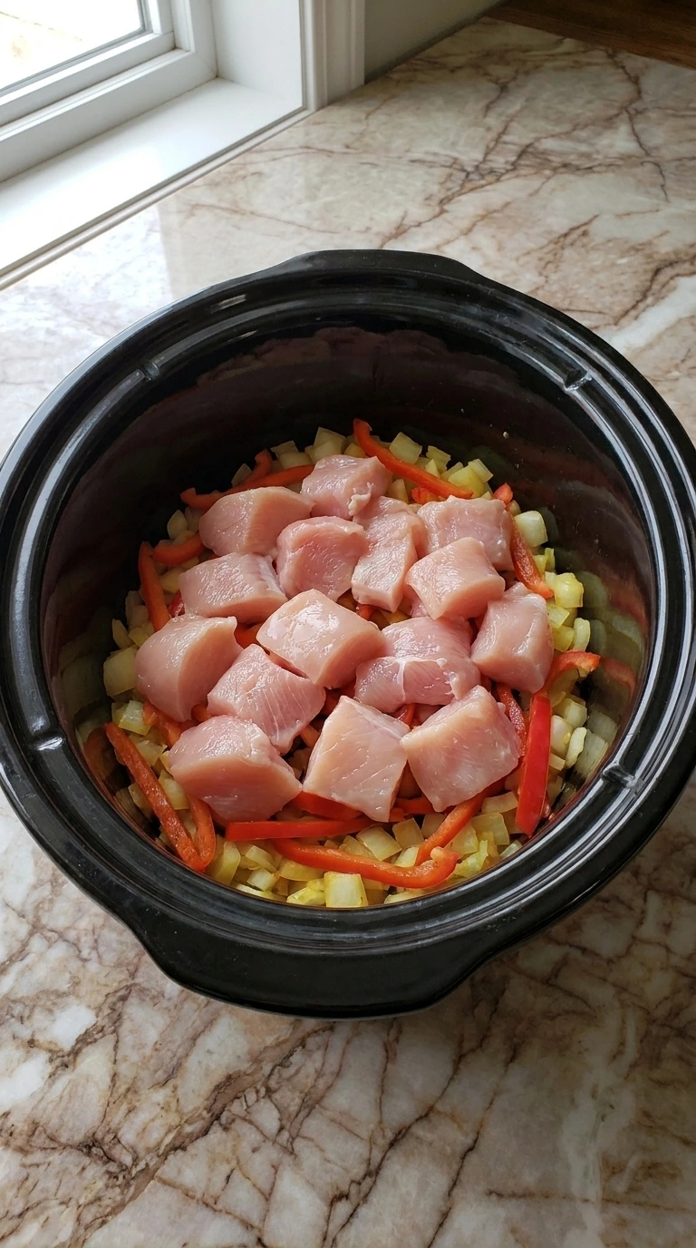 Arranging raw chicken and vegetables in the slow cooker for Crockpot Coconut Chicken Curry