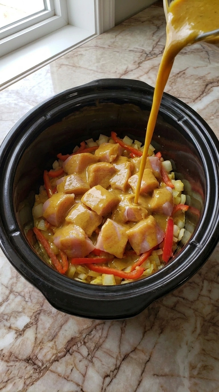Pouring coconut curry sauce over chicken and vegetables for Crockpot Coconut Chicken Curry