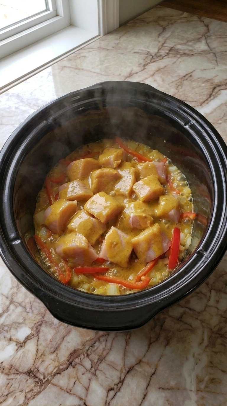Simmering Crockpot Coconut Chicken Curry inside slow cooker after 4 hours