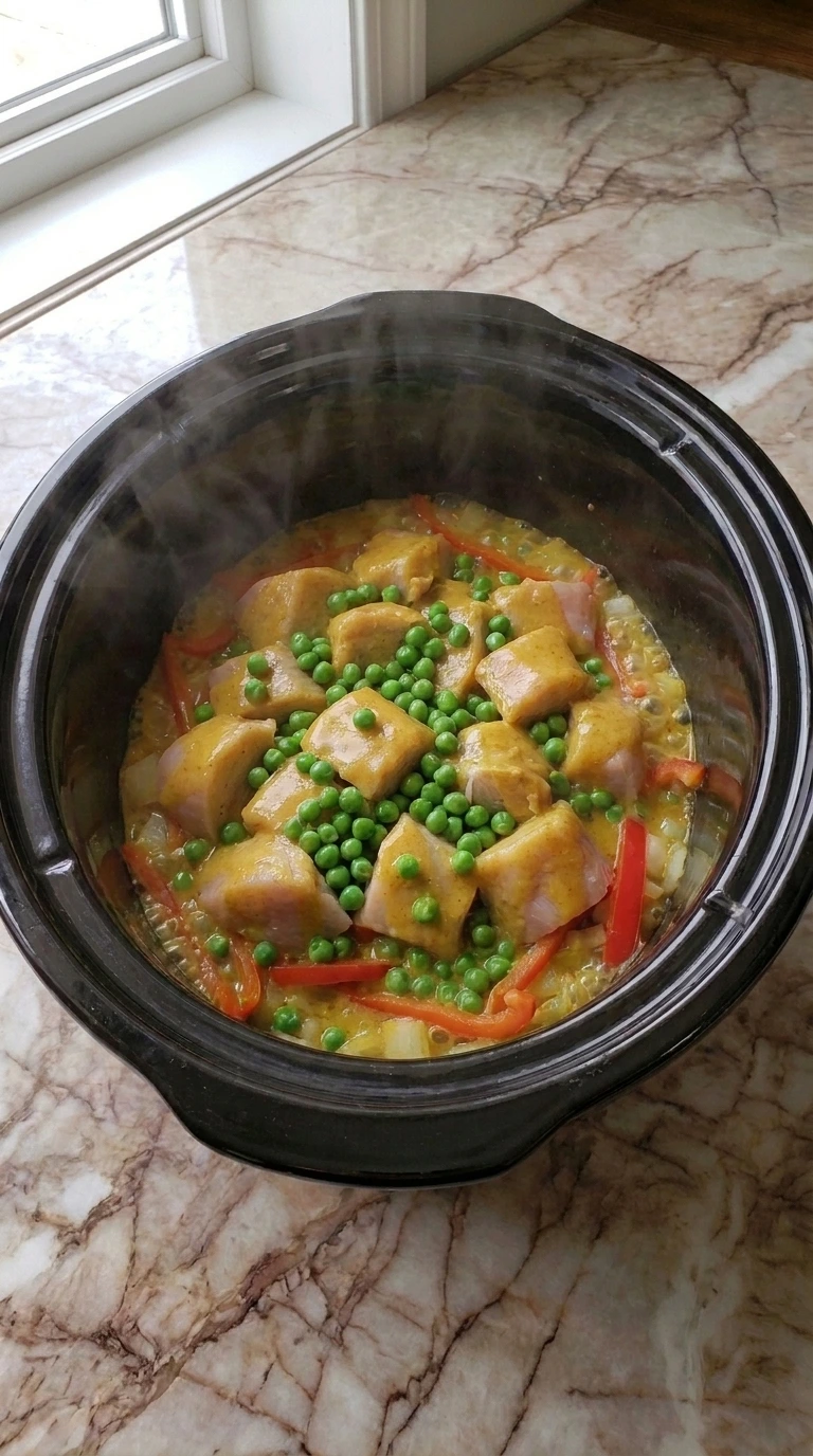 Stirring green peas and fresh lime into Crockpot Coconut Chicken Curry