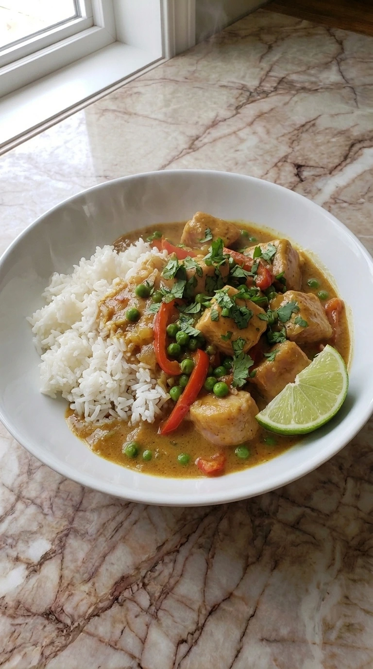 Plated Crockpot Coconut Chicken Curry over jasmine rice with fresh cilantro garnish