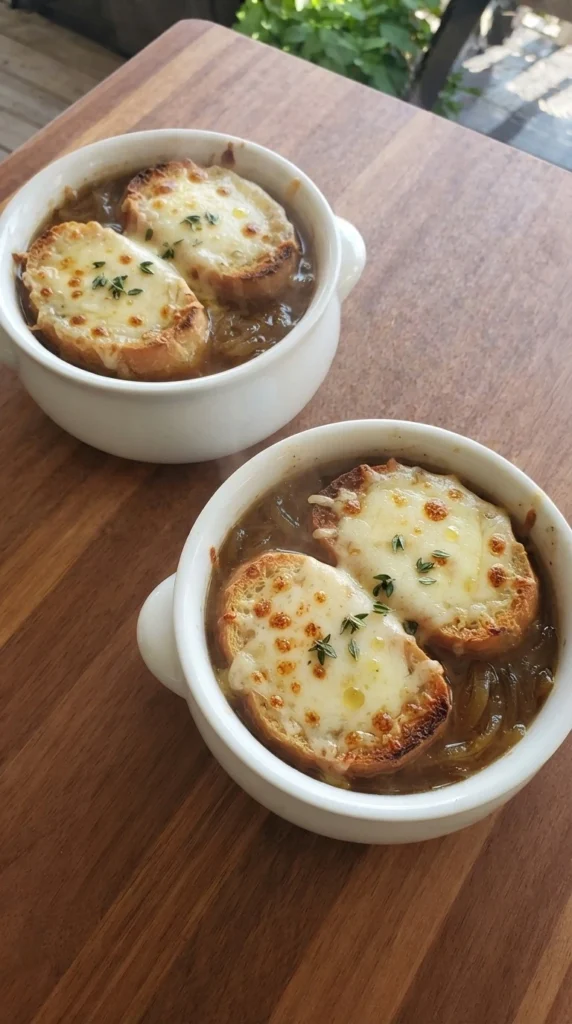 Crockpot French Onion Soup in white crocks with toasted baguette and bubbling Gruyère