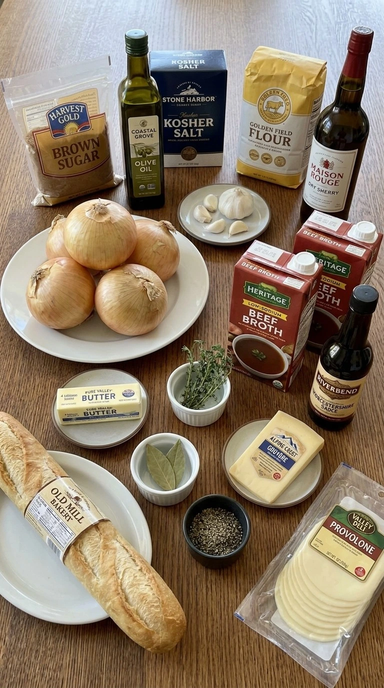 Crockpot French Onion Soup ingredients including yellow onions, beef broth, baguette and Gruyère
