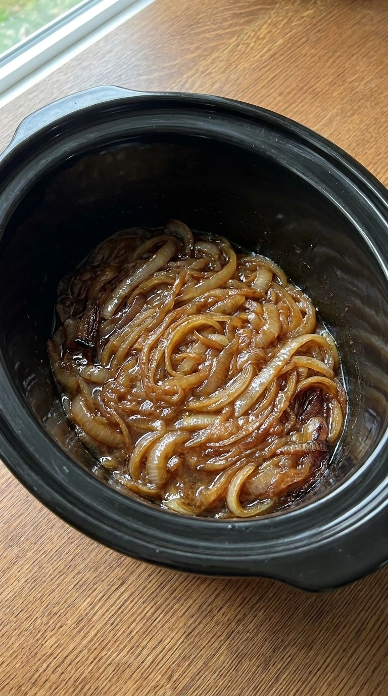 Crockpot French Onion Soup step showing deeply caramelized yellow onion ribbons