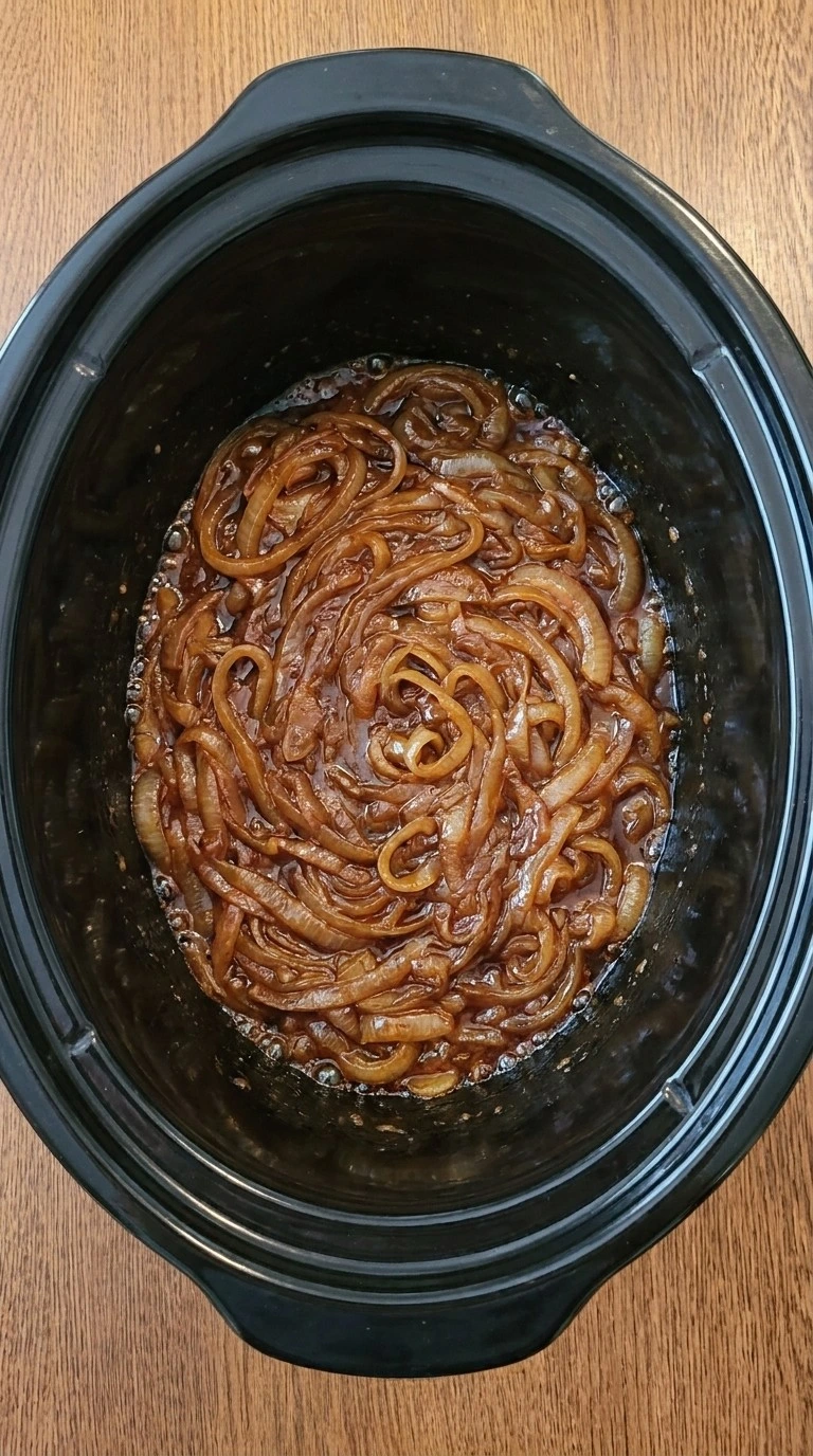 Crockpot French Onion Soup step with garlic, flour and sherry folded into amber onions