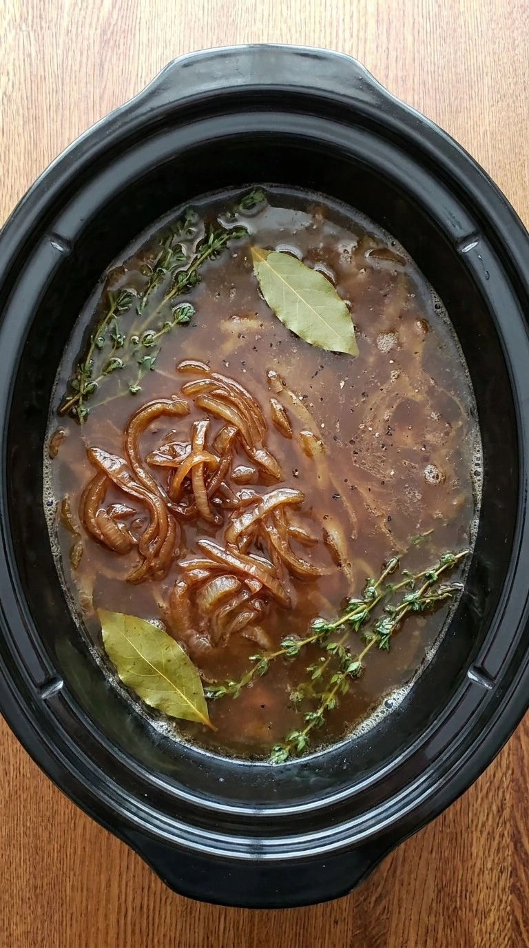 Crockpot French Onion Soup step showing mahogany broth and soft onion ribbons