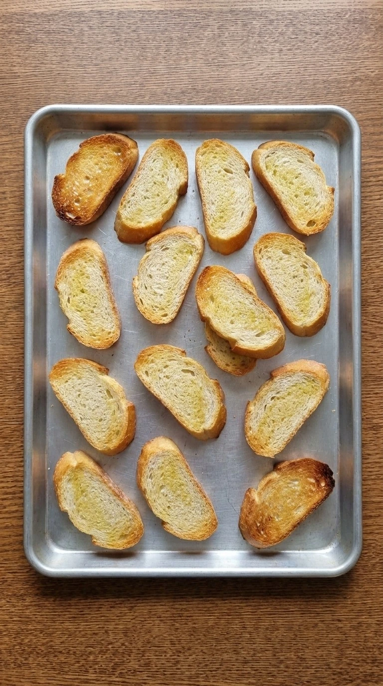Crockpot French Onion Soup step showing twelve golden toasted baguette rounds