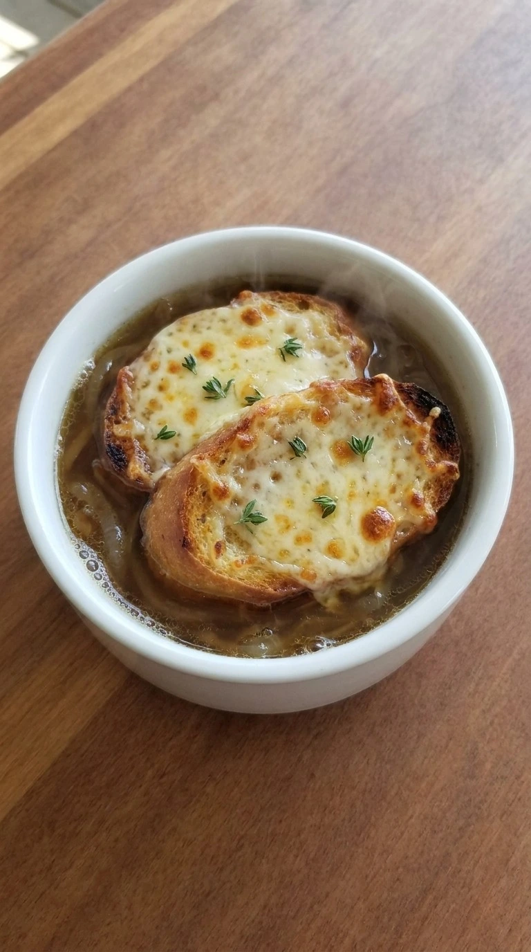 Crockpot French Onion Soup step with bubbling Gruyère over toasted baguette