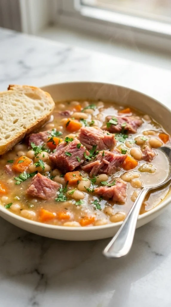 A warm bowl of Crockpot Ham and Bean Soup with tender navy beans and diced ham
