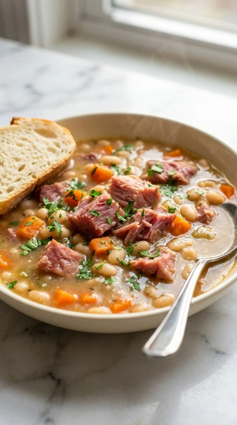 A warm bowl of Crockpot Ham and Bean Soup with tender navy beans and diced ham