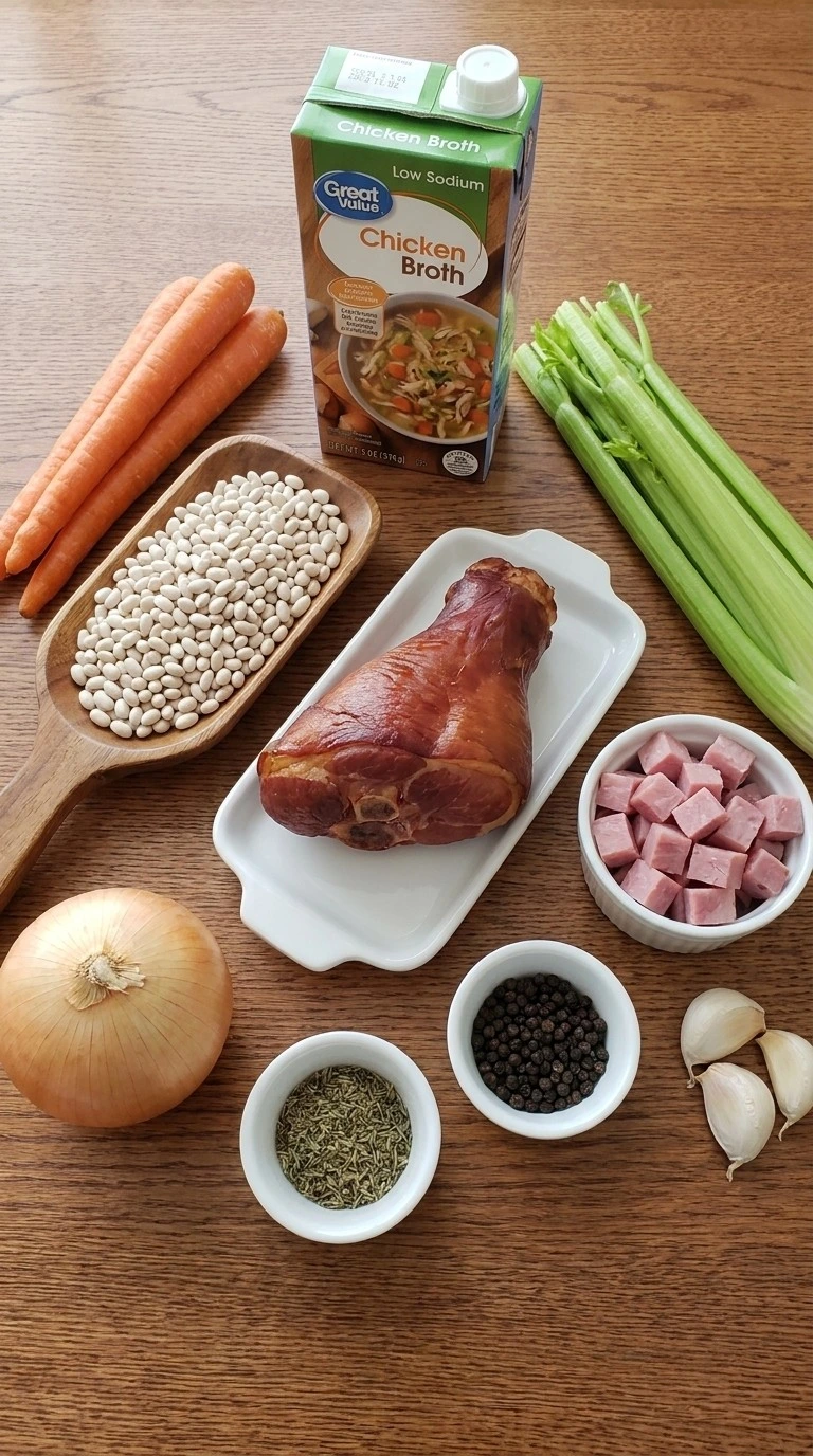 Raw ingredients for Crockpot Ham and Bean Soup laid out on a table