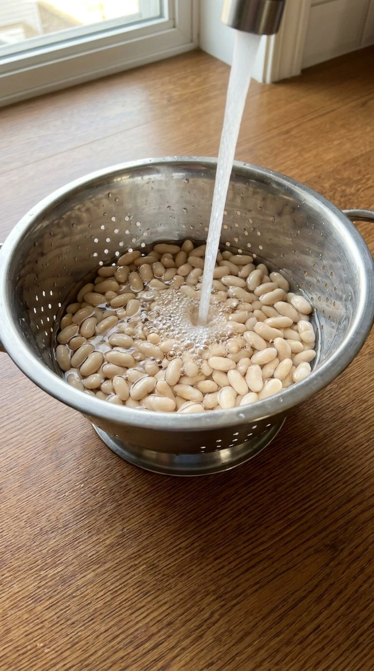 Rinsing dry white navy beans for Crockpot Ham and Bean Soup in a colander