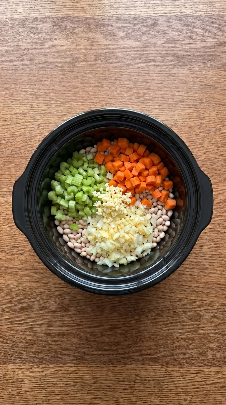 Combining vegetables and dry navy beans in the slow cooker for Crockpot Ham and Bean Soup