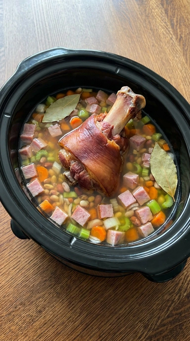 Ham hock and broth added to the slow cooker insert for Crockpot Ham and Bean Soup