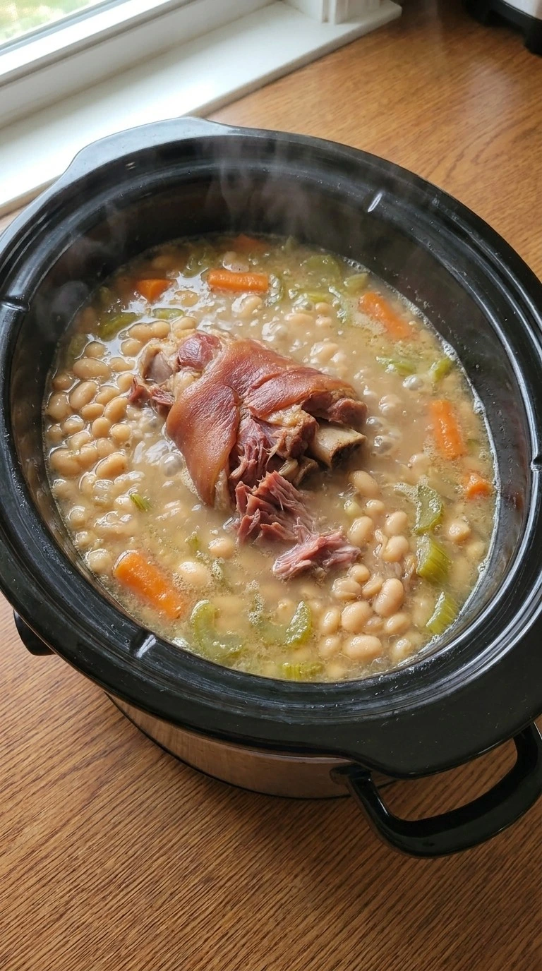 Slow cooking Crockpot Ham and Bean Soup until beans are soft and creamy