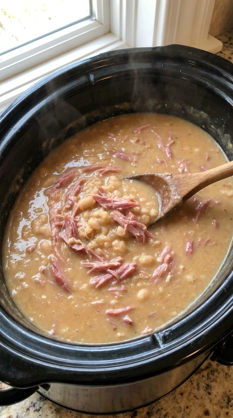 Stirring shredded ham and mashed beans into Crockpot Ham and Bean Soup
