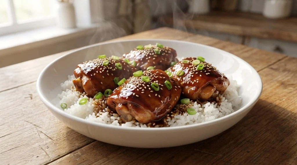 Crockpot Honey Garlic Chicken served over white rice with sesame seeds and green onions