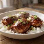 Crockpot Honey Garlic Chicken served over white rice with sesame seeds and green onions