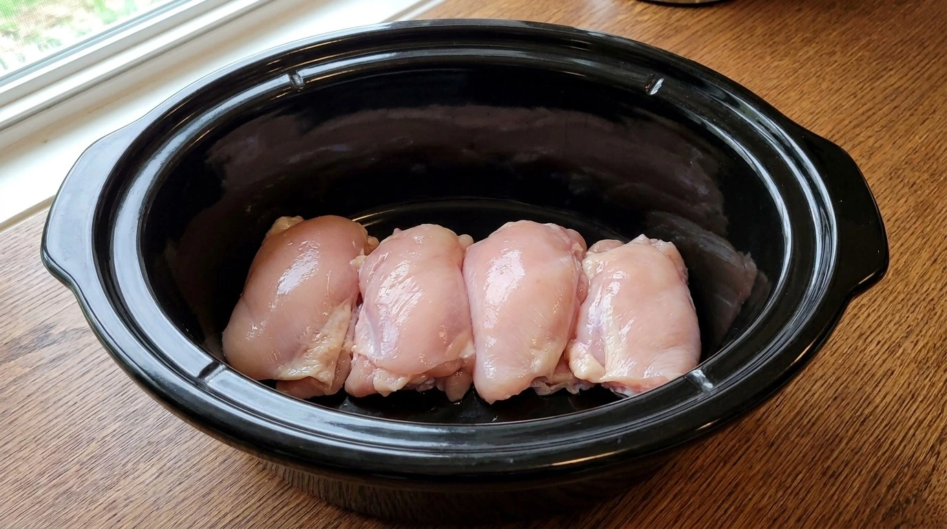 Raw chicken thighs placed inside slow cooker for Crockpot Honey Garlic Chicken