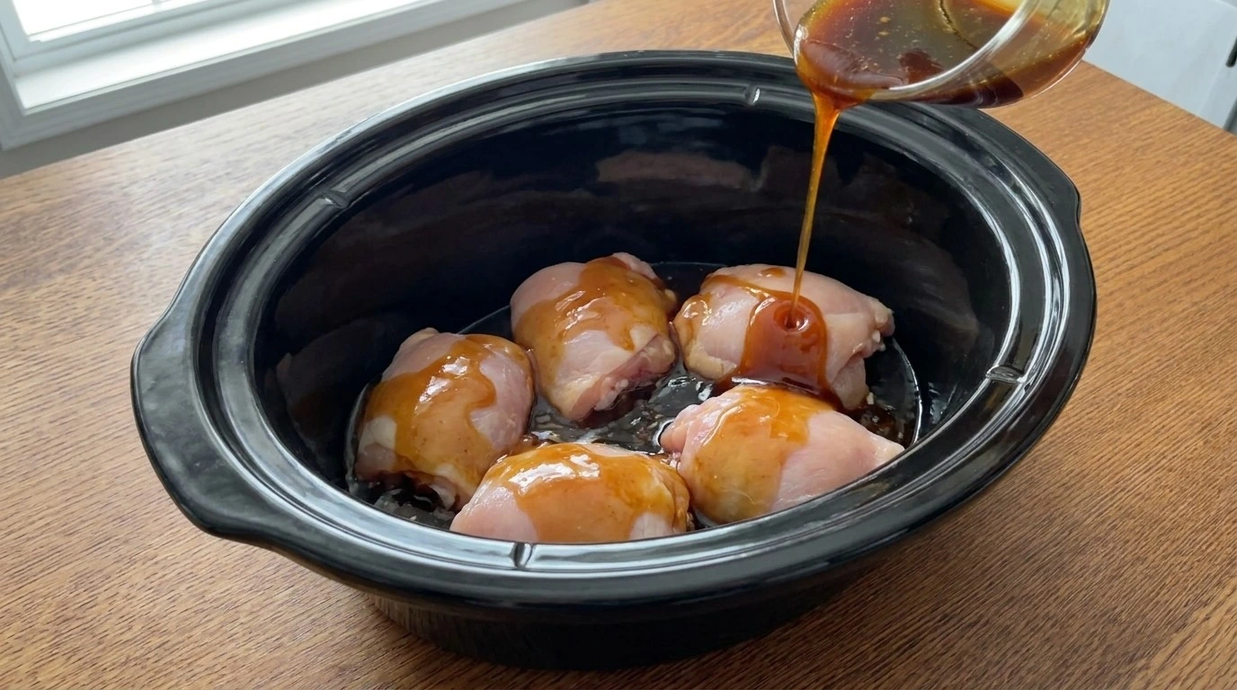Pouring honey garlic sauce over chicken in slow cooker for Crockpot Honey Garlic Chicken