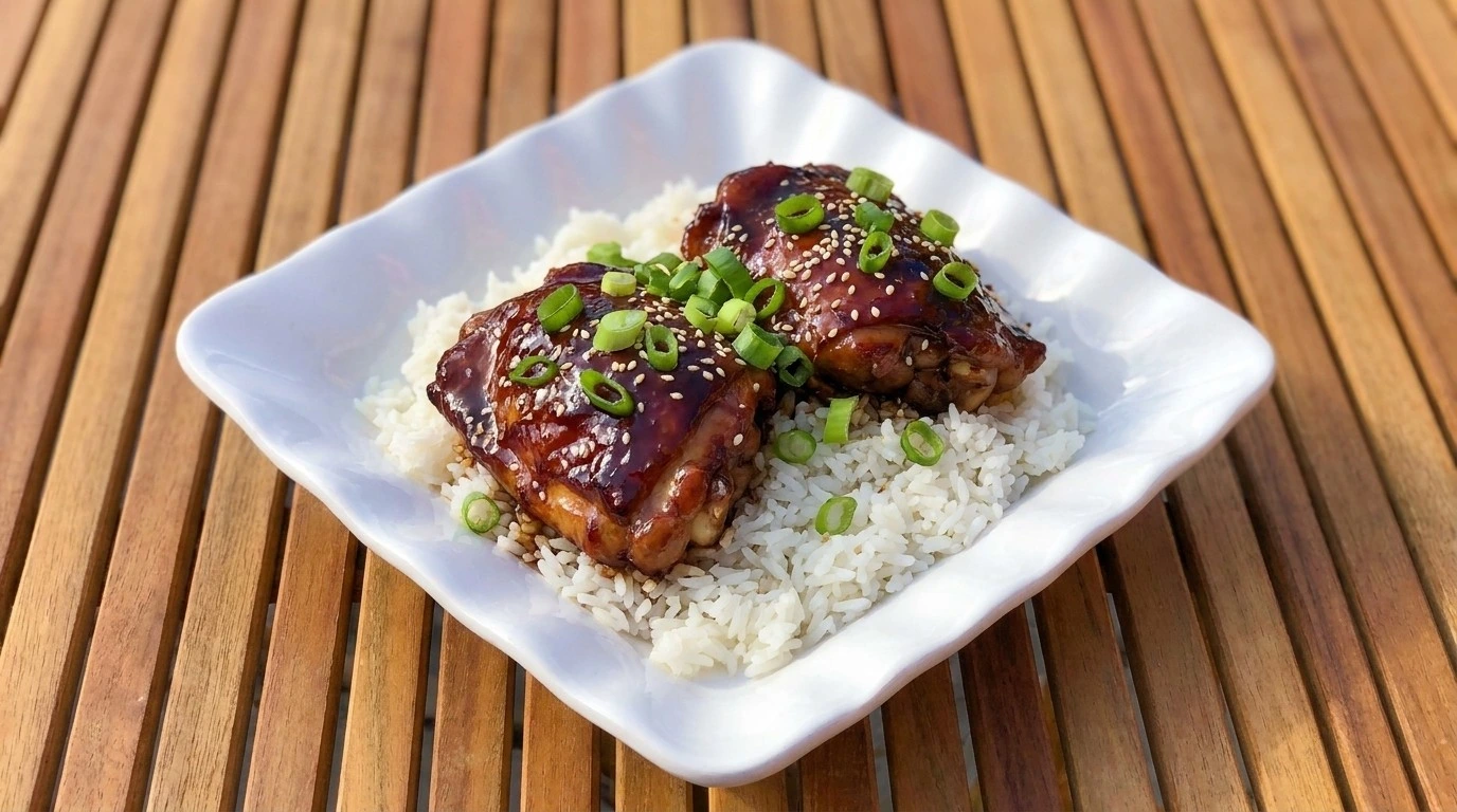 Finished Crockpot Honey Garlic Chicken plated over white rice with garnishes