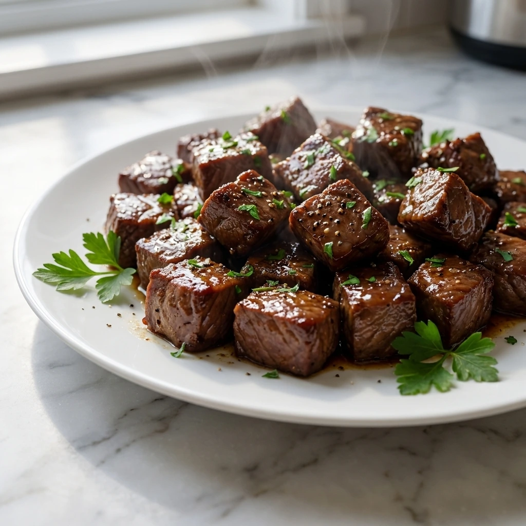 Crockpot Steak Bites coated in rich garlic butter sauce