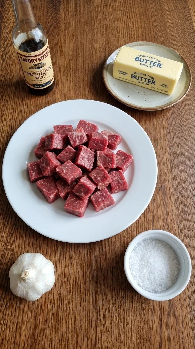Ingredients for making Crockpot Steak Bites arranged on counter