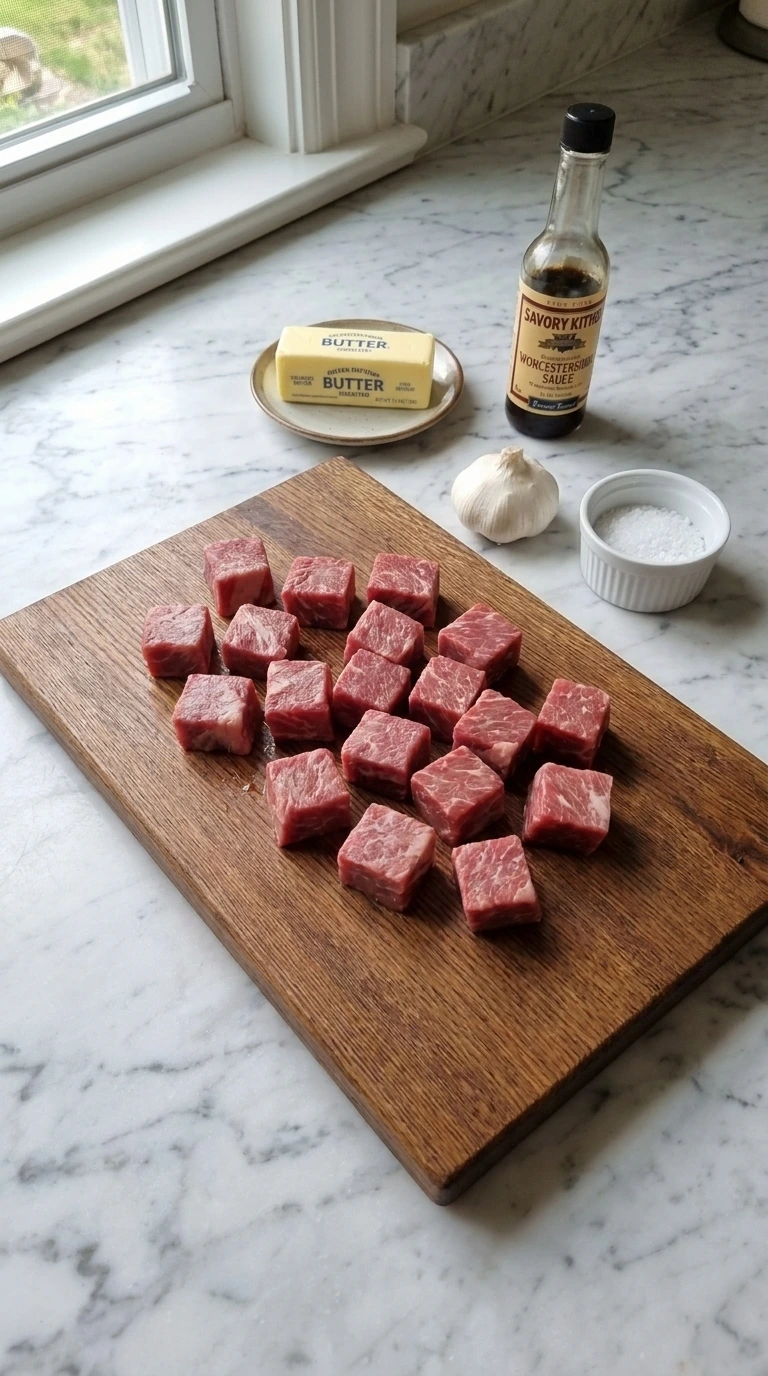 Trimming raw sirloin beef into cubes for Crockpot Steak Bites