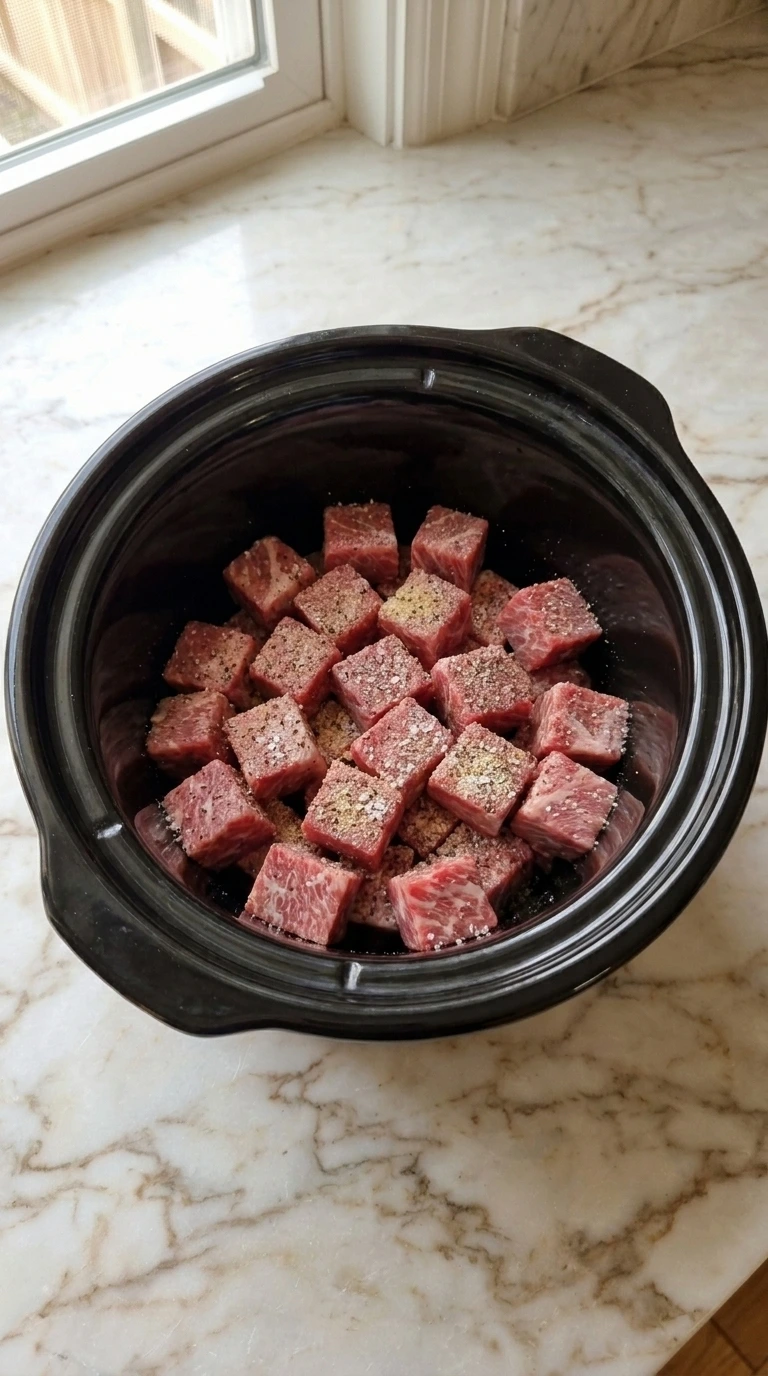 Seasoning beef cubes inside slow cooker for Crockpot Steak Bites