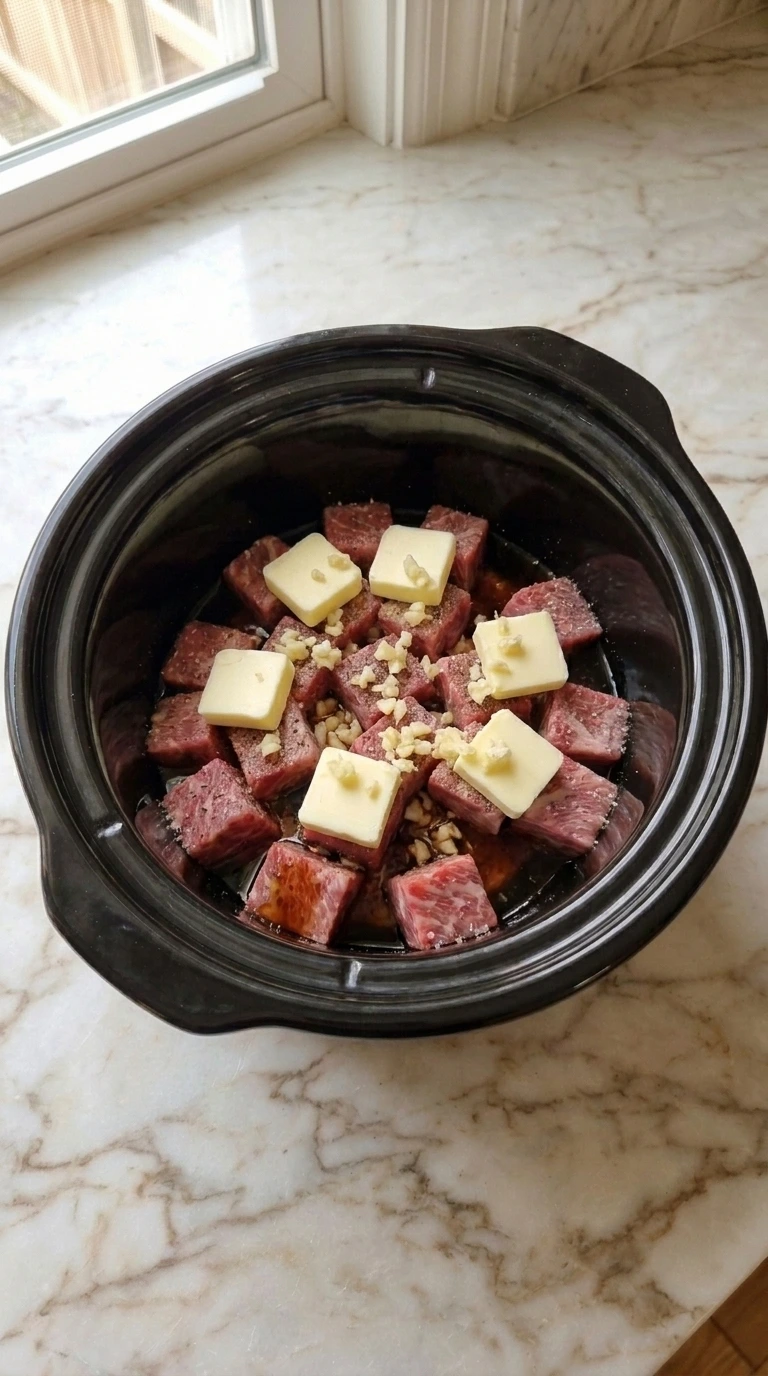 Adding garlic butter pats over Crockpot Steak Bites
