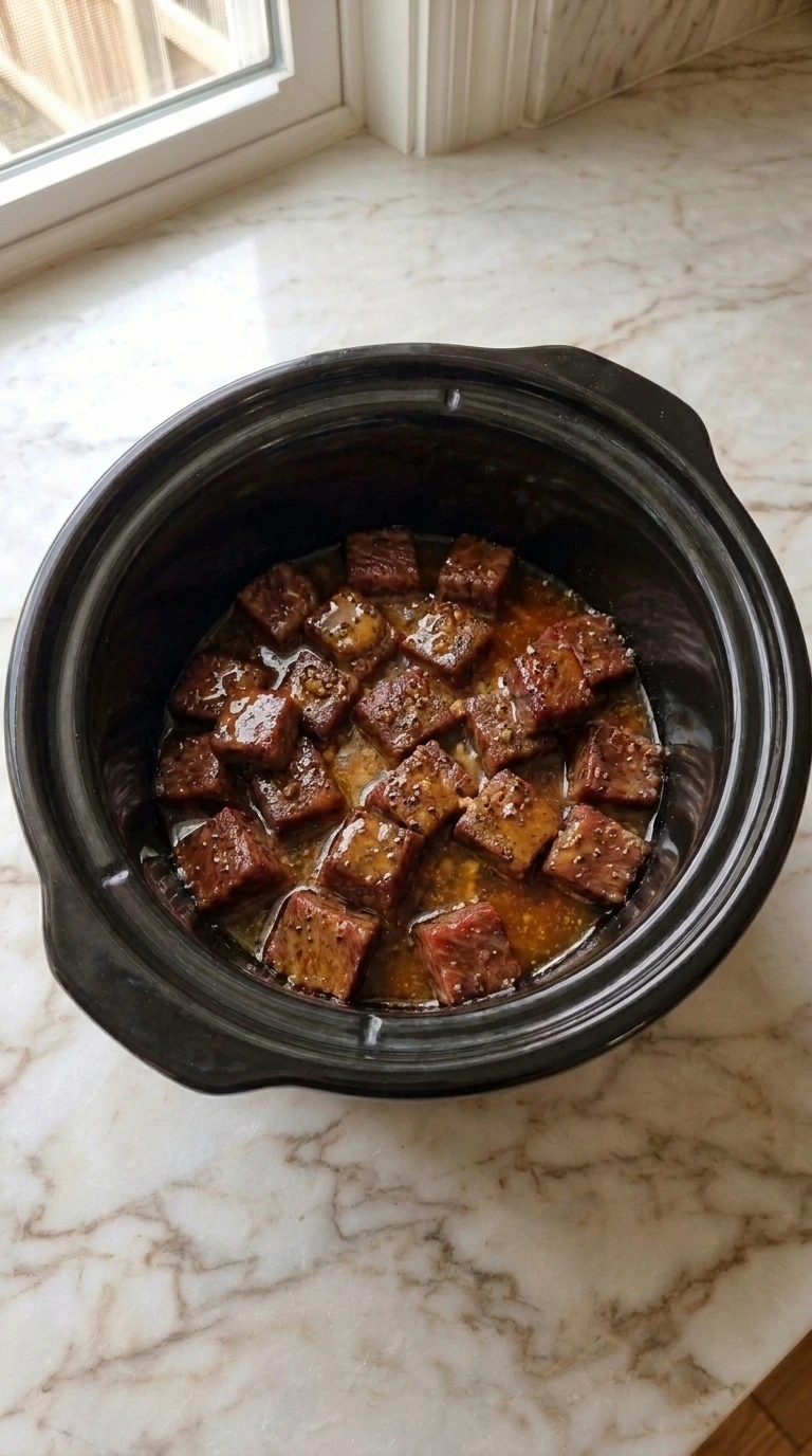 Simmered Crockpot Steak Bites bubbling in garlic butter sauce