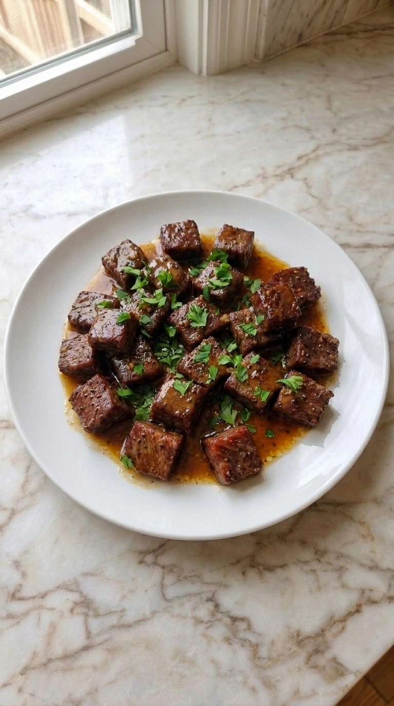 Plated Crockpot Steak Bites garnished with fresh parsley