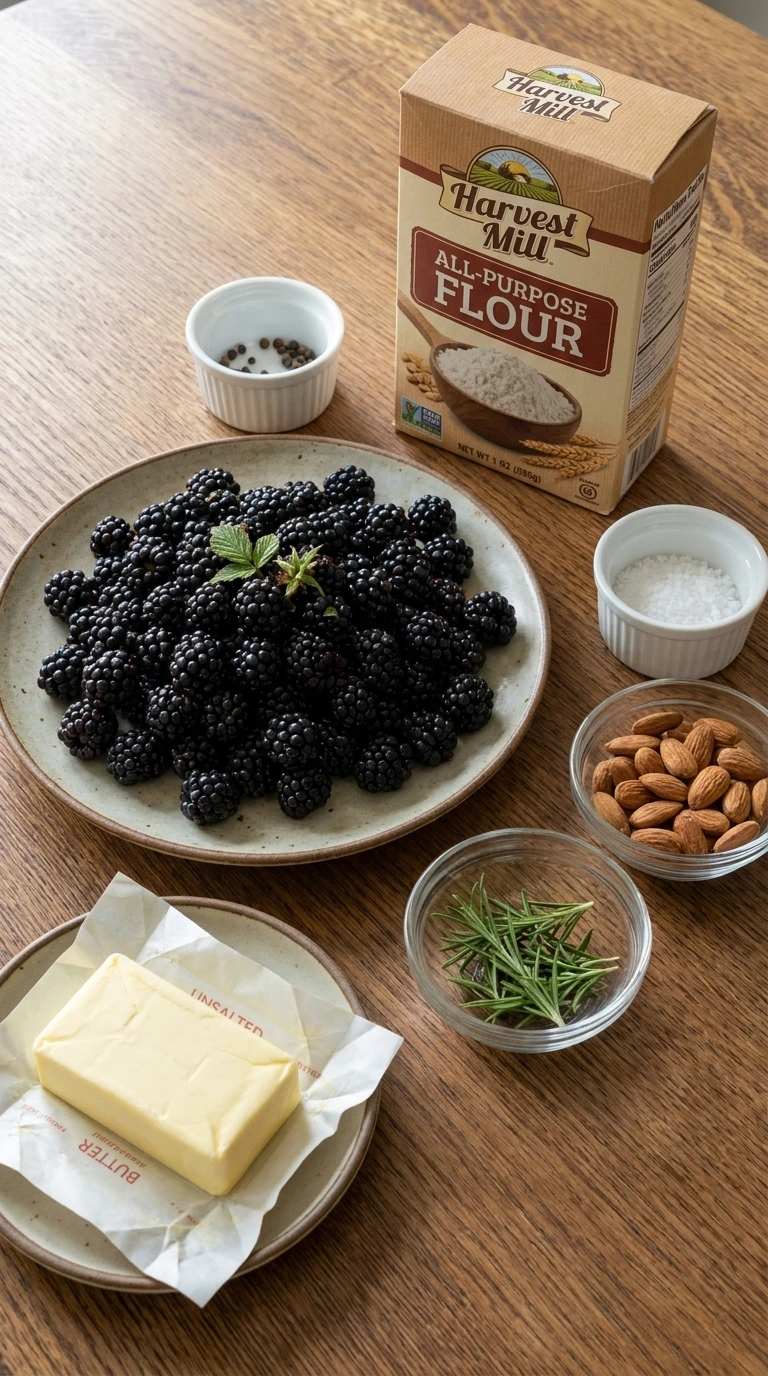 Easy Blackberry Cobbler ingredients arranged before baking