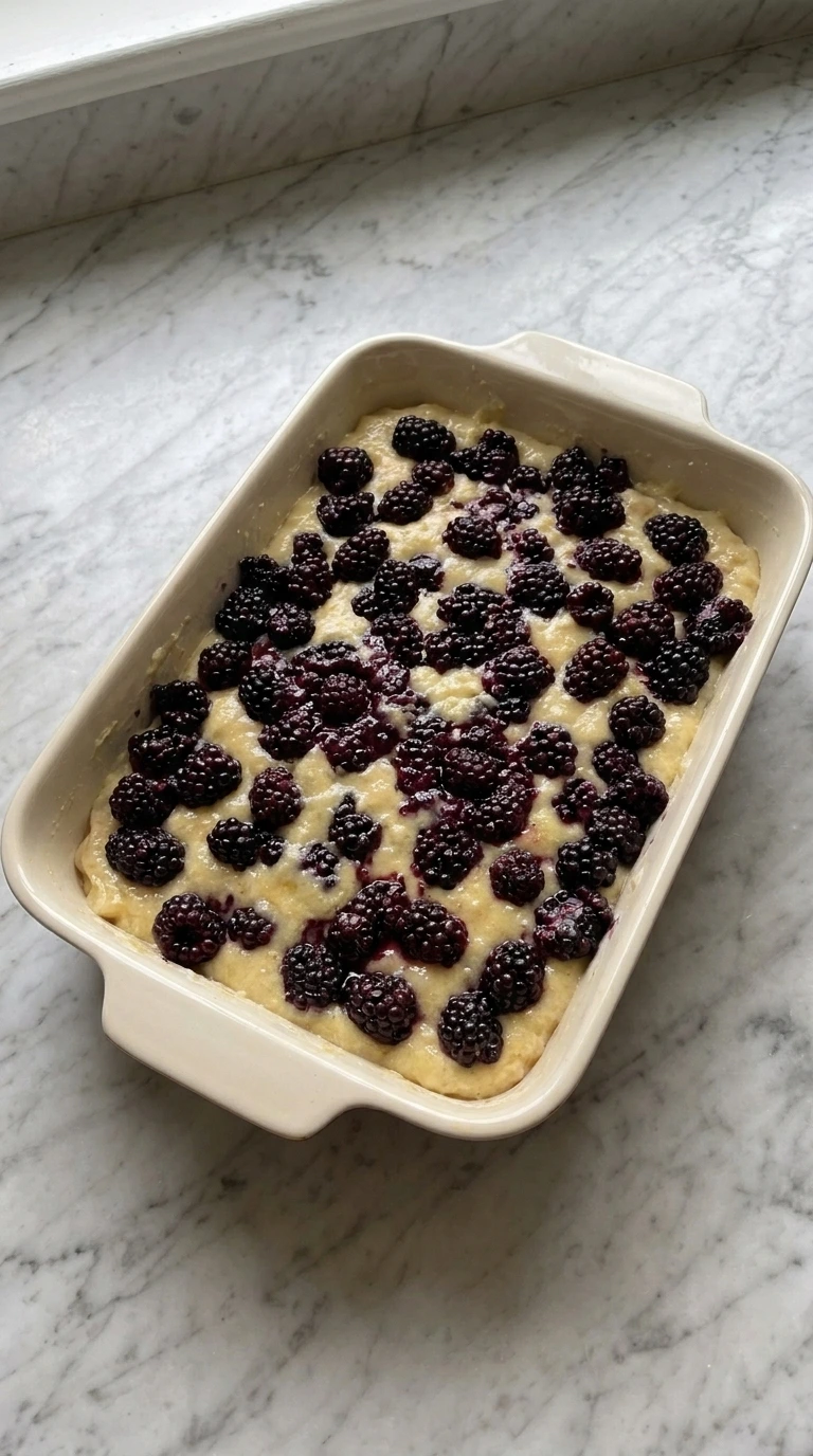 Easy Blackberry Cobbler layered in baking dish