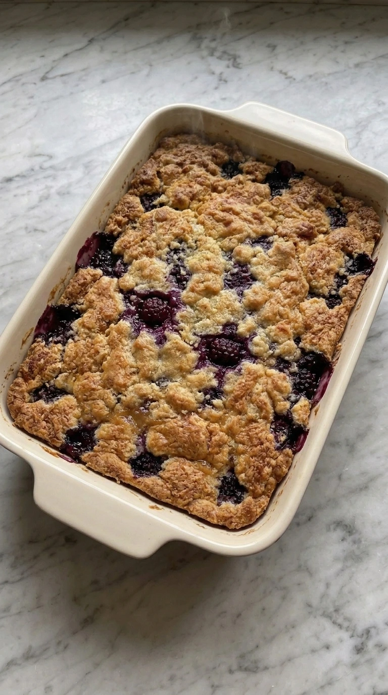 Easy Blackberry Cobbler baked golden in ceramic dish
