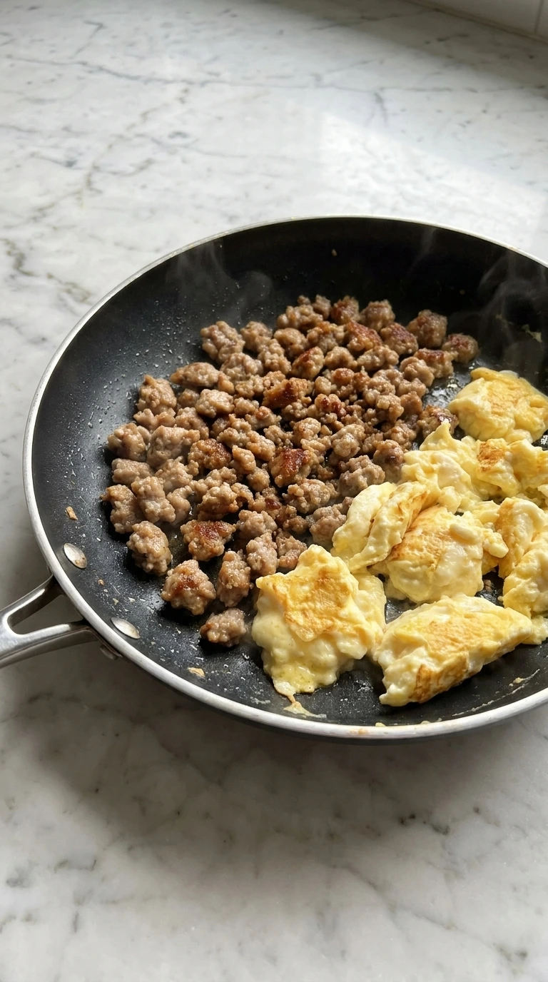 Easy Breakfast Burritos cooking sausage and eggs