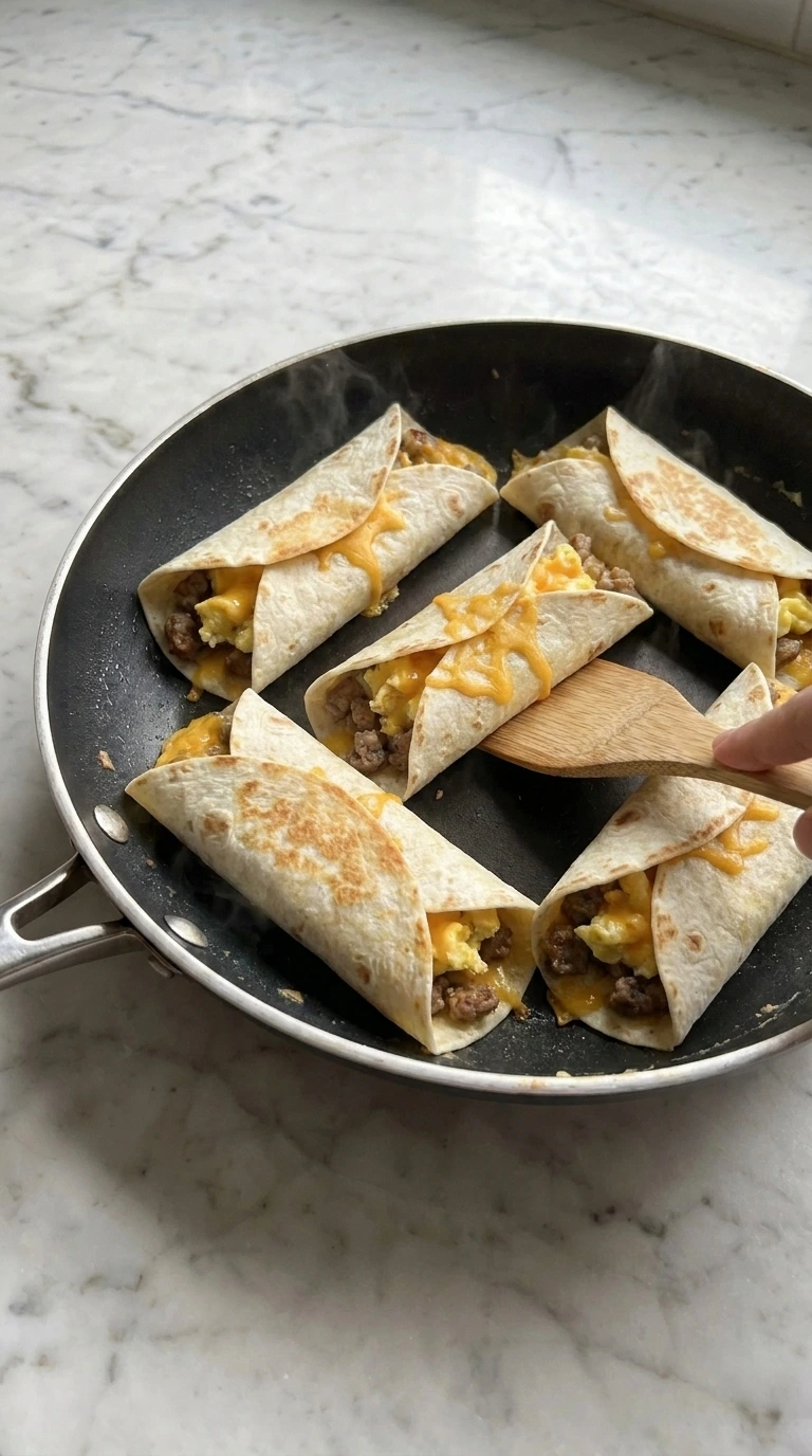 Easy Breakfast Burritos with toasted tortilla surface