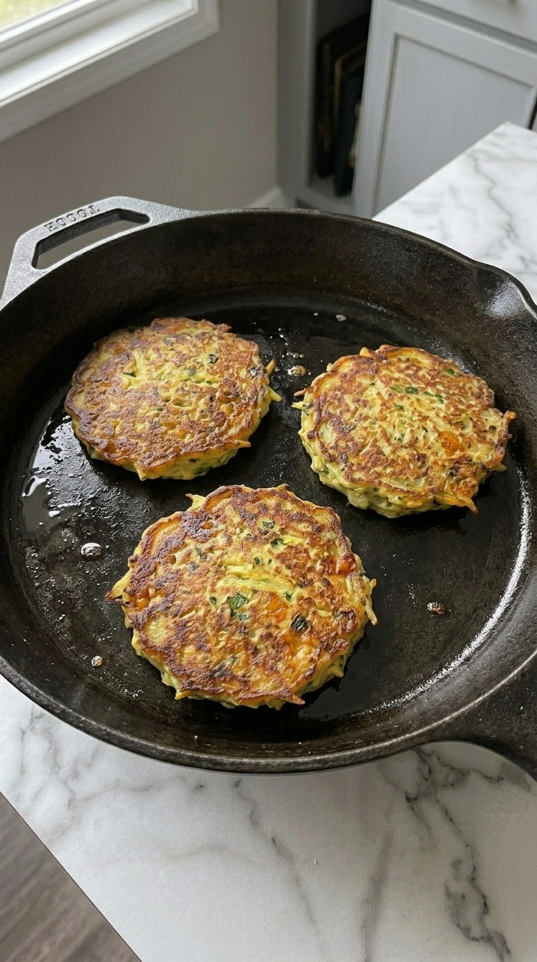 Flipped patty pan squash pancakes with mottled amber crusts