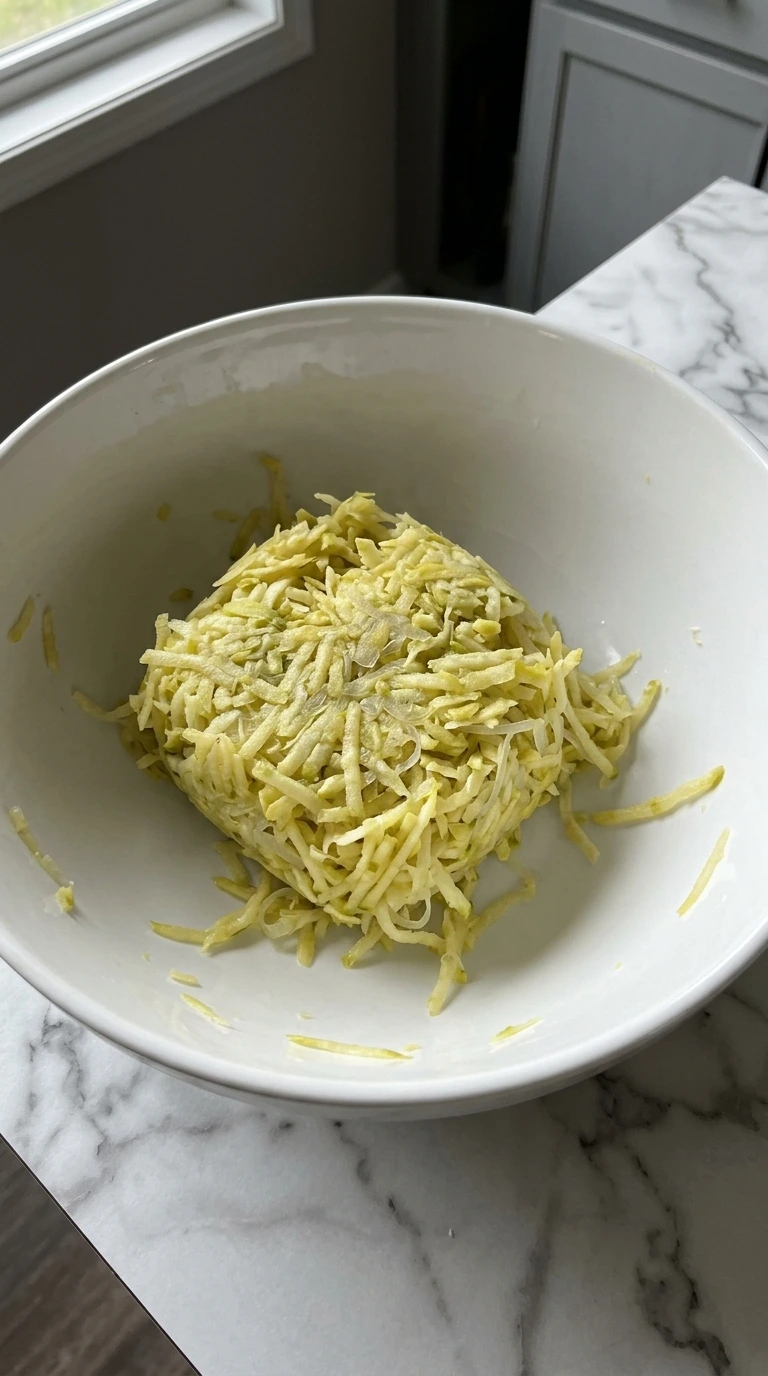 Grated patty pan squash and yellow onion squeezed dry in a white bowl
