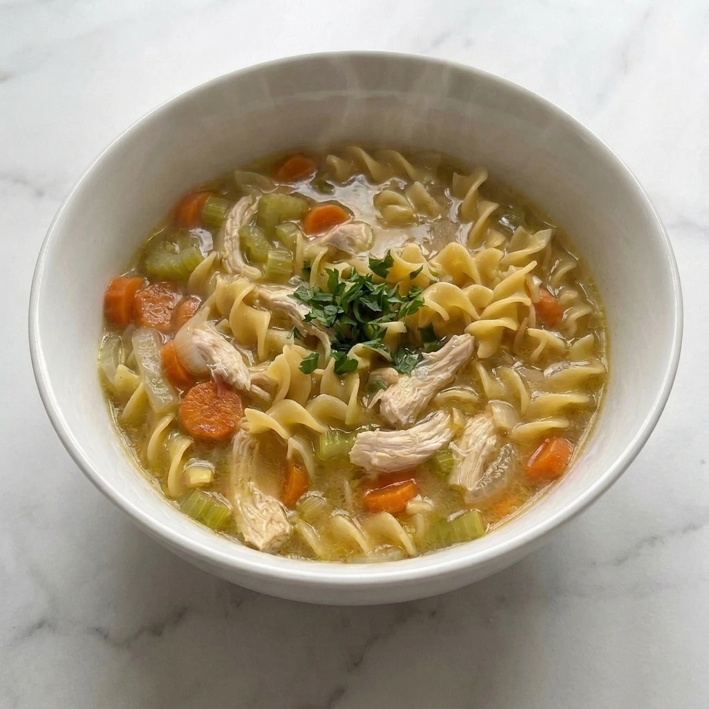 Homemade Chicken Noodle Soup with chicken noodles and carrots in bowl