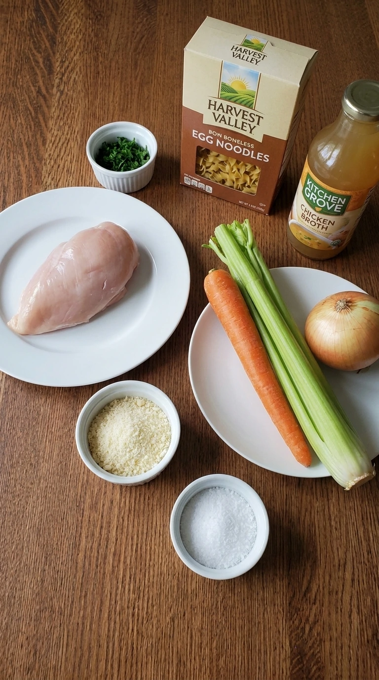 Homemade Chicken Noodle Soup ingredients with vegetables and chicken